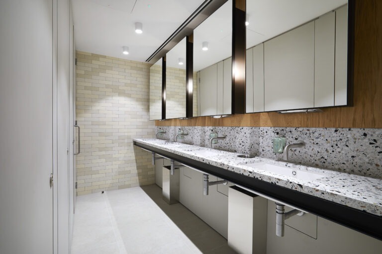 Image of flush fronted WC cubicles and stone vanity unit