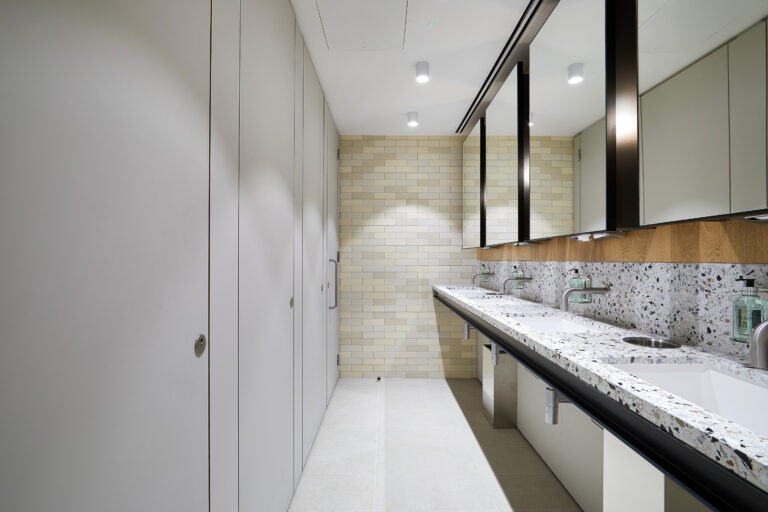Image of flush fronted WC cubicles and stone vanity unit
